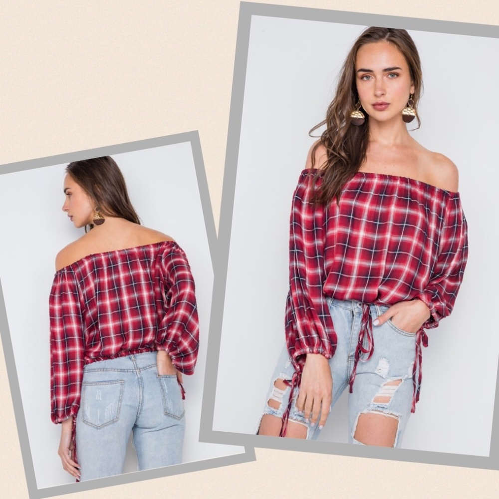 Red Plaid Peasant/Blouson Top On/Off Shoulder L